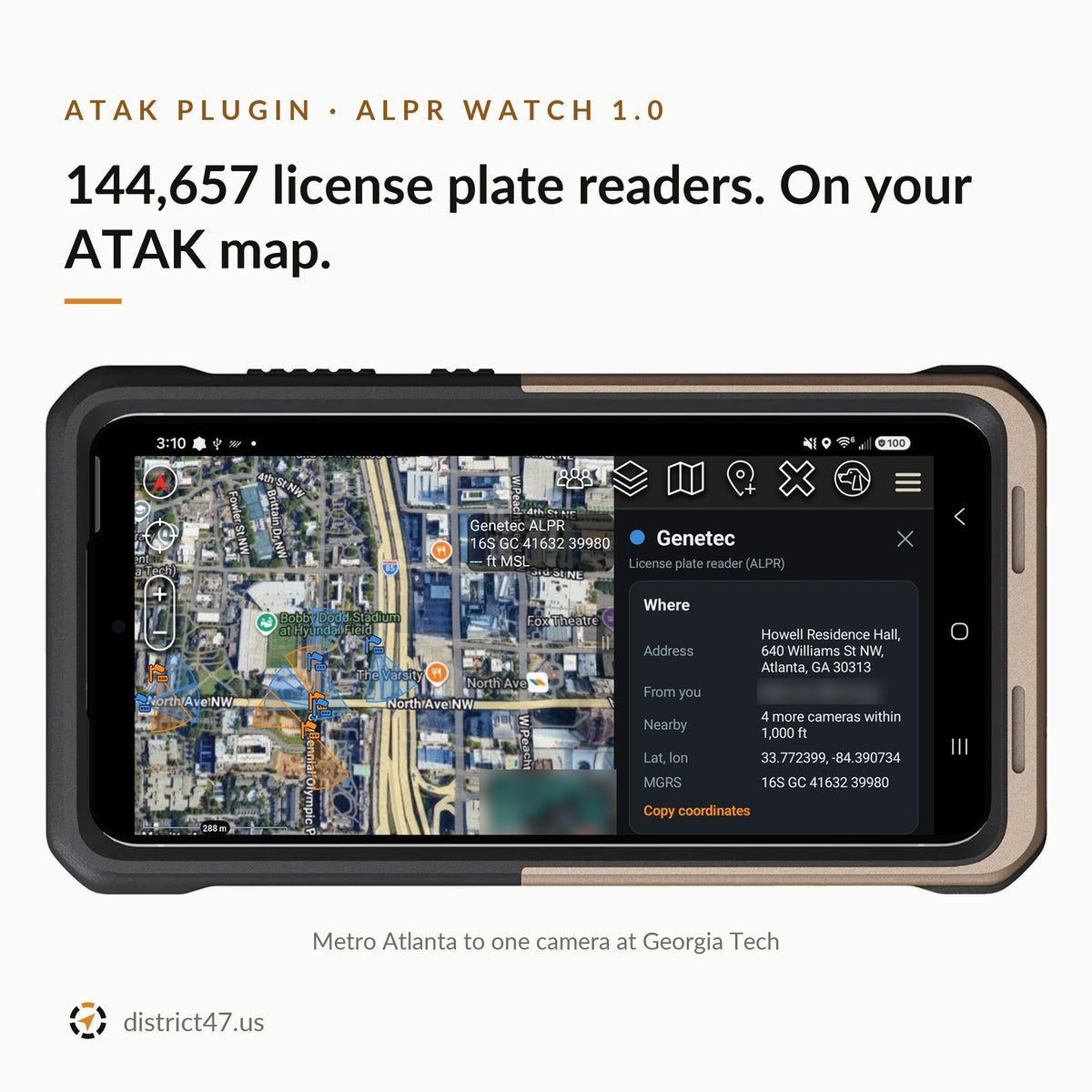 ALPR Watch: An ATAK map dives from metro Atlanta, covered in orange count markers, down to street level at Georgia Tech, where single cameras show their view cones; tapping a blue Genetec camera opens its card. 144,657 cameras mapped, 98% with a known heading, daily OpenStreetMap updates