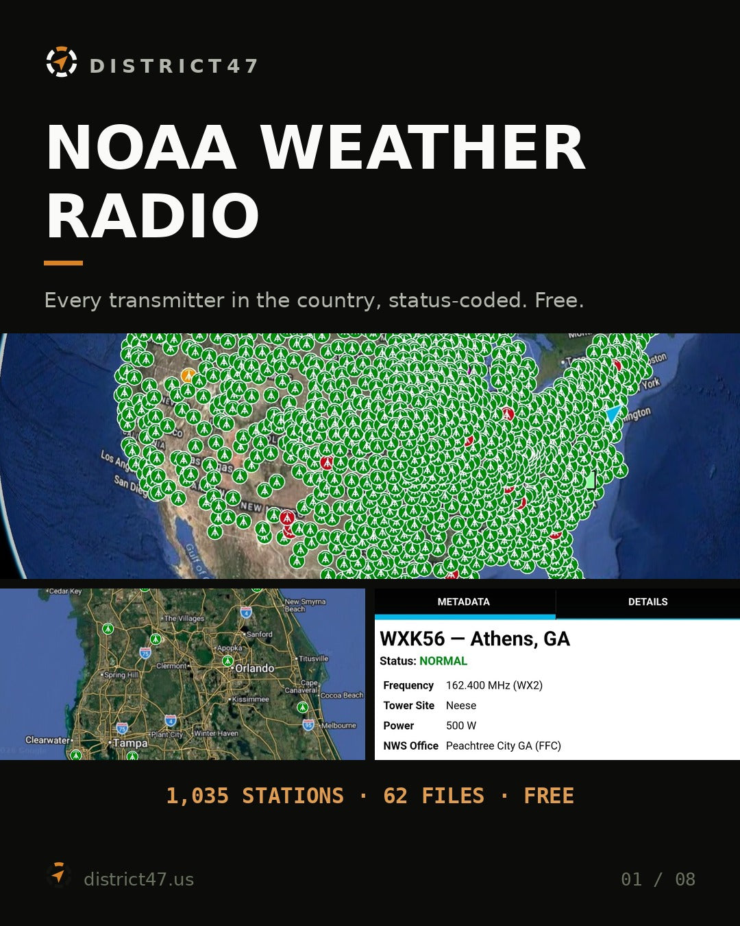 NOAA Weather Radio — 1,035 Transmitters | Free Status-Coded KMZ for ATAK, TAK Aware & Google Earth