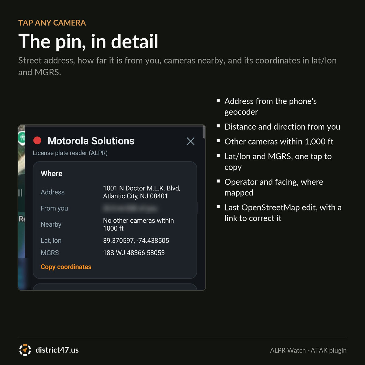 Camera card with street address, nearby cameras, lat/lon and MGRS