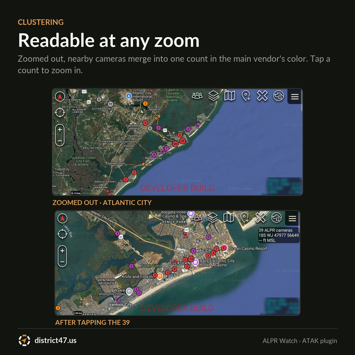 Clustering: cameras grouped into counts when zoomed out