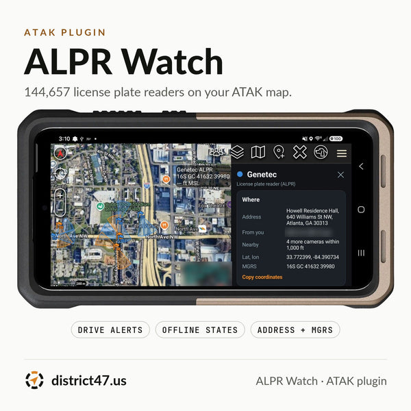 ALPR Watch ATAK plugin: 144,657 license plate readers on the map, shown on a phone in a MAAK case