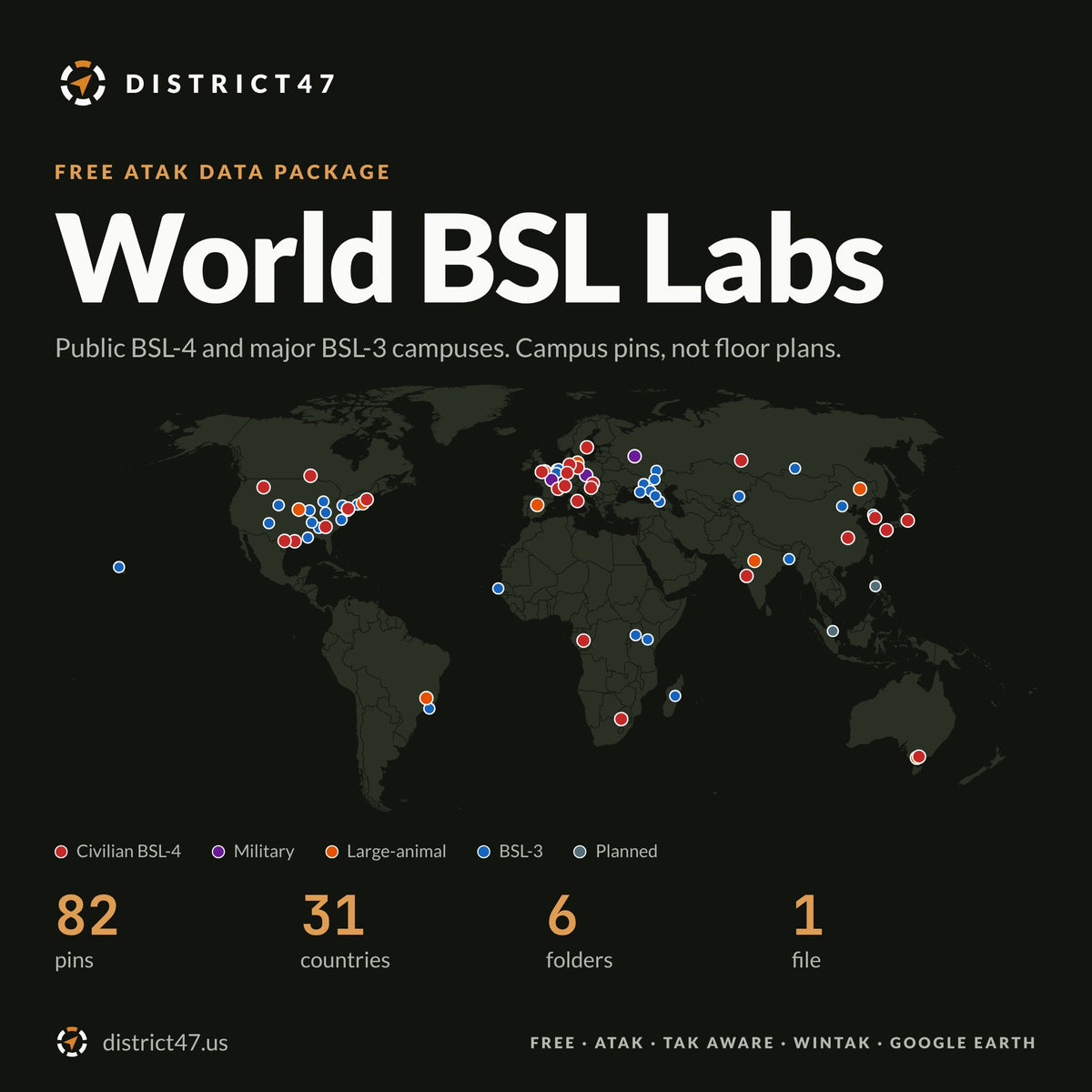 World BSL Labs free ATAK data package: world map of 82 public high-containment lab campuses in 31 countries, color-coded by type