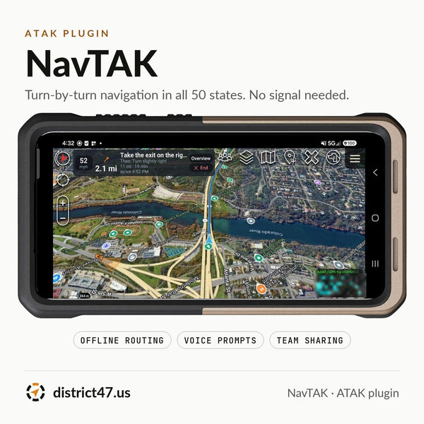 NavTAK ATAK plugin: turn-by-turn navigation in all 50 states, shown on a phone in a MAAK case