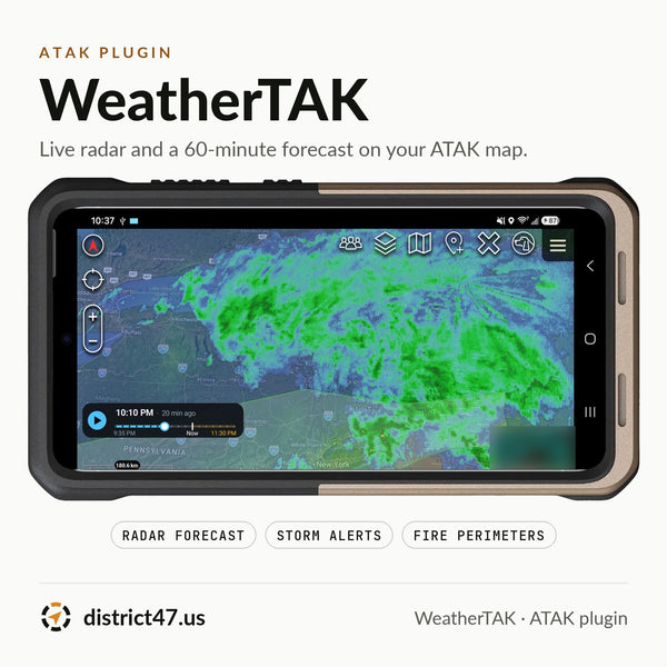 WeatherTAK ATAK plugin: live radar and a 60-minute forecast, shown on a phone in a MAAK case