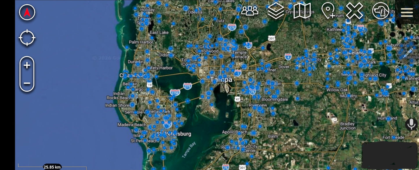 Zoomed-in DeFlock-style map showing individual Flock ALPR cameras as blue dots with thin dark borders across the Johnson City Tennessee area