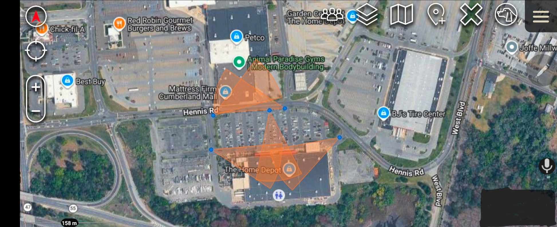 Downtown Johnson City ATAK overlay showing Flock ALPR cameras as blue dots with directional FOV cones loaded over a street map