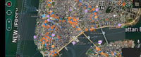 ATAK tactical map of Lower Manhattan, New York City showing Flock ALPR license plate reader cameras with directional field-of-view cones loaded over a satellite view — from the District47 nationwide overlay of 122,958 ALPR cameras.