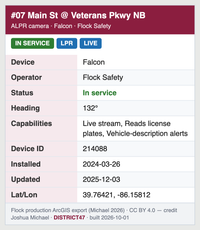 Flock ALPR camera detail card showing device model, status, heading, capabilities and coordinates in ATAK