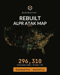 District47 Flock ALPR camera map — national density of 296,310 license plate readers across the US, rebuilt ATAK data package