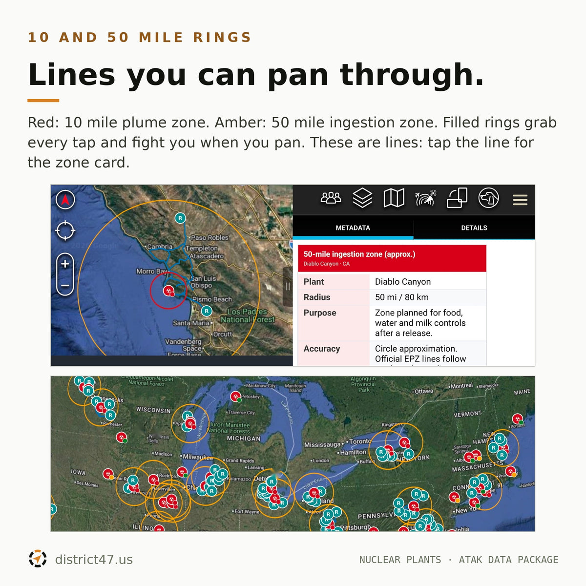 An informational graphic titled 'Lines you can pan through.' explains the red 10-mile plume zone and amber 50-mile ingestion zone rings overlaid on map screenshots of Diablo Canyon.