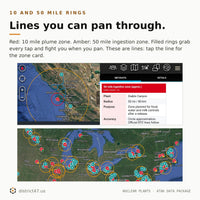 An informational graphic titled 'Lines you can pan through.' explains the red 10-mile plume zone and amber 50-mile ingestion zone rings overlaid on map screenshots of Diablo Canyon.