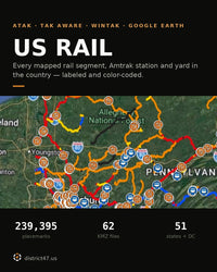 US rail network KMZ title card over an ATAK map of western Pennsylvania, showing red Class I freight mainlines, orange short lines, yellow sidings and orange rail-yard pins. Captions read 239,395 placemarks, 62 KMZ files, 51 states plus DC.