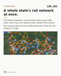 Statewide ATAK view of Pennsylvania's rail network with colour-coded lines, orange rail-yard icons and blue Amtrak station icons across the whole state. Caption reads: a whole state's rail network at once, 239,395 labeled placemarks.
