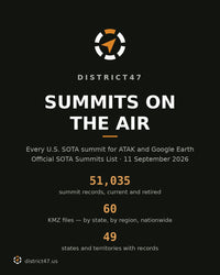 Earlier text-only USA SOTA title card on a dark background, listing 51,035 summit records, 60 KMZ files and 49 states and territories. Superseded by the map version.