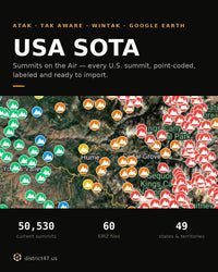 USA SOTA title card over an ATAK map of the Sierra Nevada, where summit pins shade from green in the foothills through yellow and orange to a dense band of red along the high crest. Captions read 50,530 current summits, 60 KMZ files, 49 states and territories.