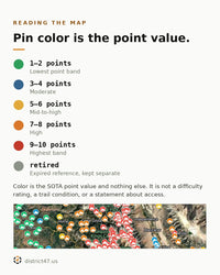 Legend for the summit pin colors: green 1 to 2 points, blue 3 to 4, yellow 5 to 6, orange 7 to 8, red 9 to 10, and a gray pin for retired references. A strip of Sierra Nevada map below shows the colors in use. Caption notes that color is the SOTA point value only, not a difficulty rating.