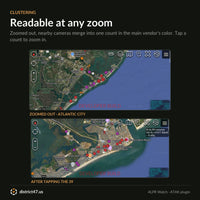 Clustering: cameras grouped into counts when zoomed out