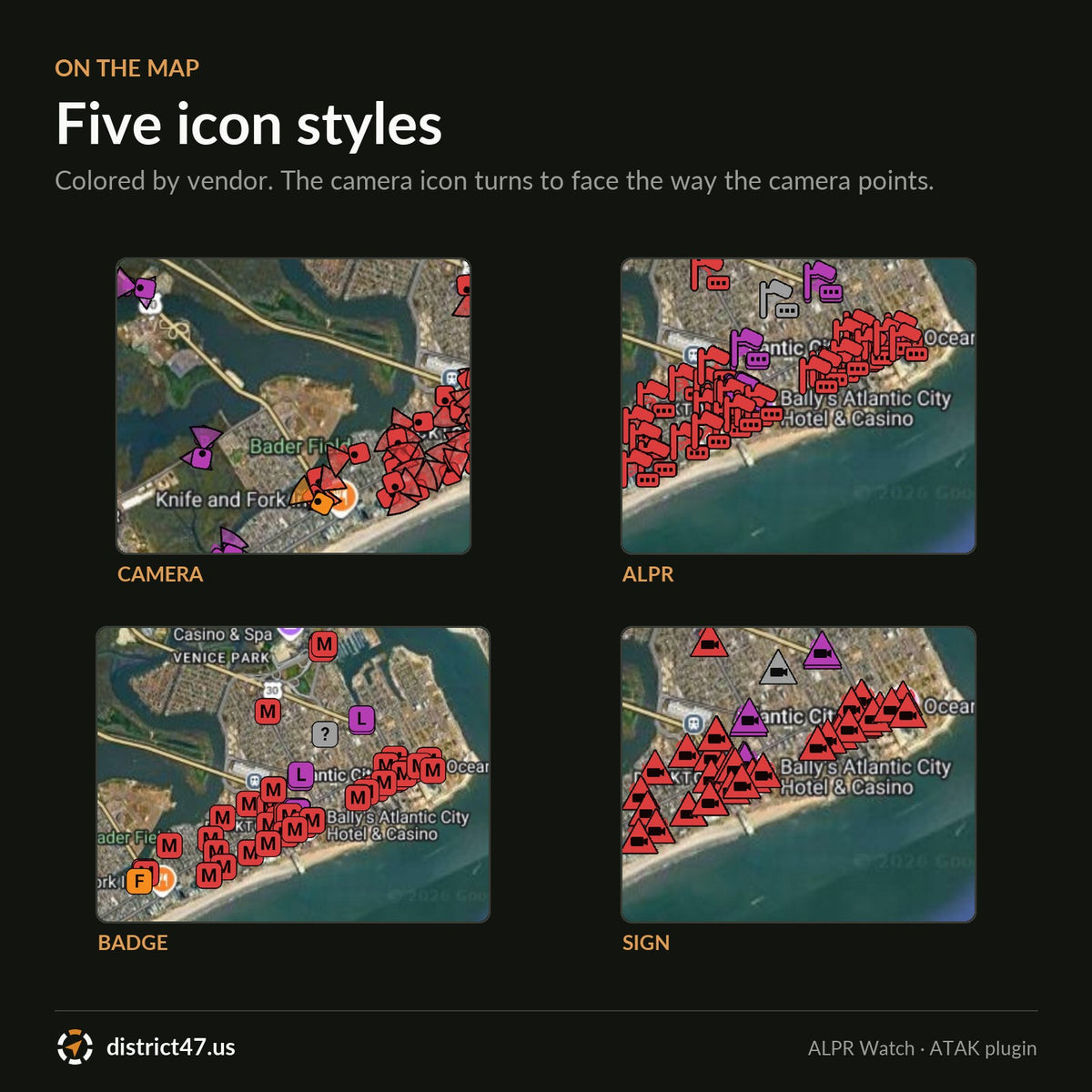 Four of the five camera icon styles on the map