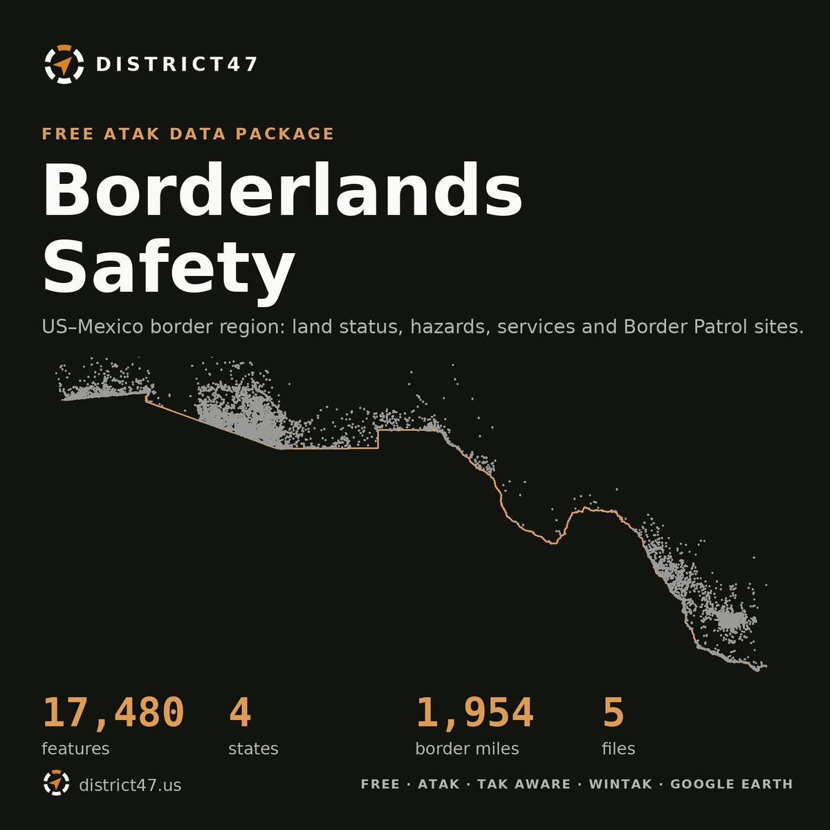 Borderlands Safety ATAK data package: US–Mexico border region, 17,480 features across Arizona, California, New Mexico and Texas