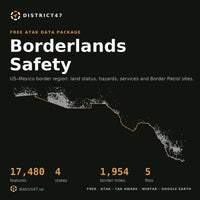 Borderlands Safety ATAK data package: US–Mexico border region, 17,480 features across Arizona, California, New Mexico and Texas
