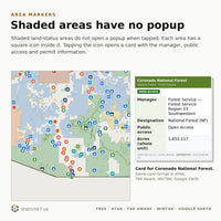 Nogales, Arizona area with shaded land status and square info icons, next to the card for Coronado National Forest