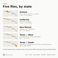 Five Borderlands files: Arizona, California, New Mexico, Texas West and Texas South, with locator maps and feature counts