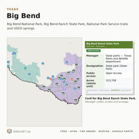 Big Bend National Park and Big Bend Ranch State Park with trails and springs, with the state park card