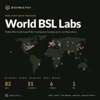 World BSL Labs free ATAK data package: world map of 82 public high-containment lab campuses in 31 countries, color-coded by type