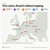 Icon legend: red civilian BSL-4, purple military, orange large-animal, blue BSL-3, gray planned, above a map of 21 pins across Europe