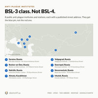 Map and list of 8 public anti-plague institutes and stations in Russia and Kazakhstan, marked BSL-3 class, not BSL-4