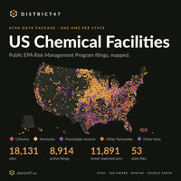 US Chemical Facilities ATAK data package: U.S. map of 8,914 active EPA Risk Management Program filings, colored by chemical class. 18,131 sites, 53 state files