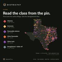 Icon legend for chlorine, ammonia, flammable mixture, other flammable, other toxic and deregistered sites, beside a map of active filings in Texas, the largest file at 1,770 sites