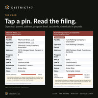 Two pin cards from the pack showing facility, operator, parent, address, program level, NAICS, EPA id, accidents, status, class, and chemicals on site as bars in pounds