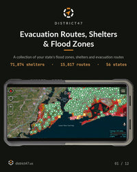 Evacuation Routes, Shelters & Flood Zones - 71,874 shelters, 15,817 evacuation routes, 56 states, shown in ATAK
