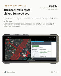 Designated evacuation route US-178 in ATAK with road class, lane count and length on the card