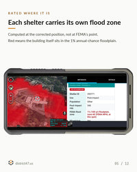 Shelter card showing the FEMA flood zone computed at the shelter's corrected position