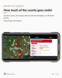 Oconee County flood summary pin: 76.9 square miles of 100-year floodplain, 11.4 percent of the county