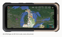 All of Michigan at 287.6 km scale, every site pinned.