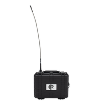 Black portable radio with antenna on a white background