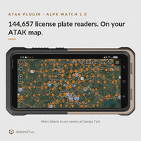 ALPR Watch: An ATAK map dives from metro Atlanta, covered in orange count markers, down to street level at Georgia Tech, where single cameras show their view cones; tapping a blue Genetec camera opens its card. 144,657 cameras mapped, 98% with a known heading, daily OpenStreetMap updates