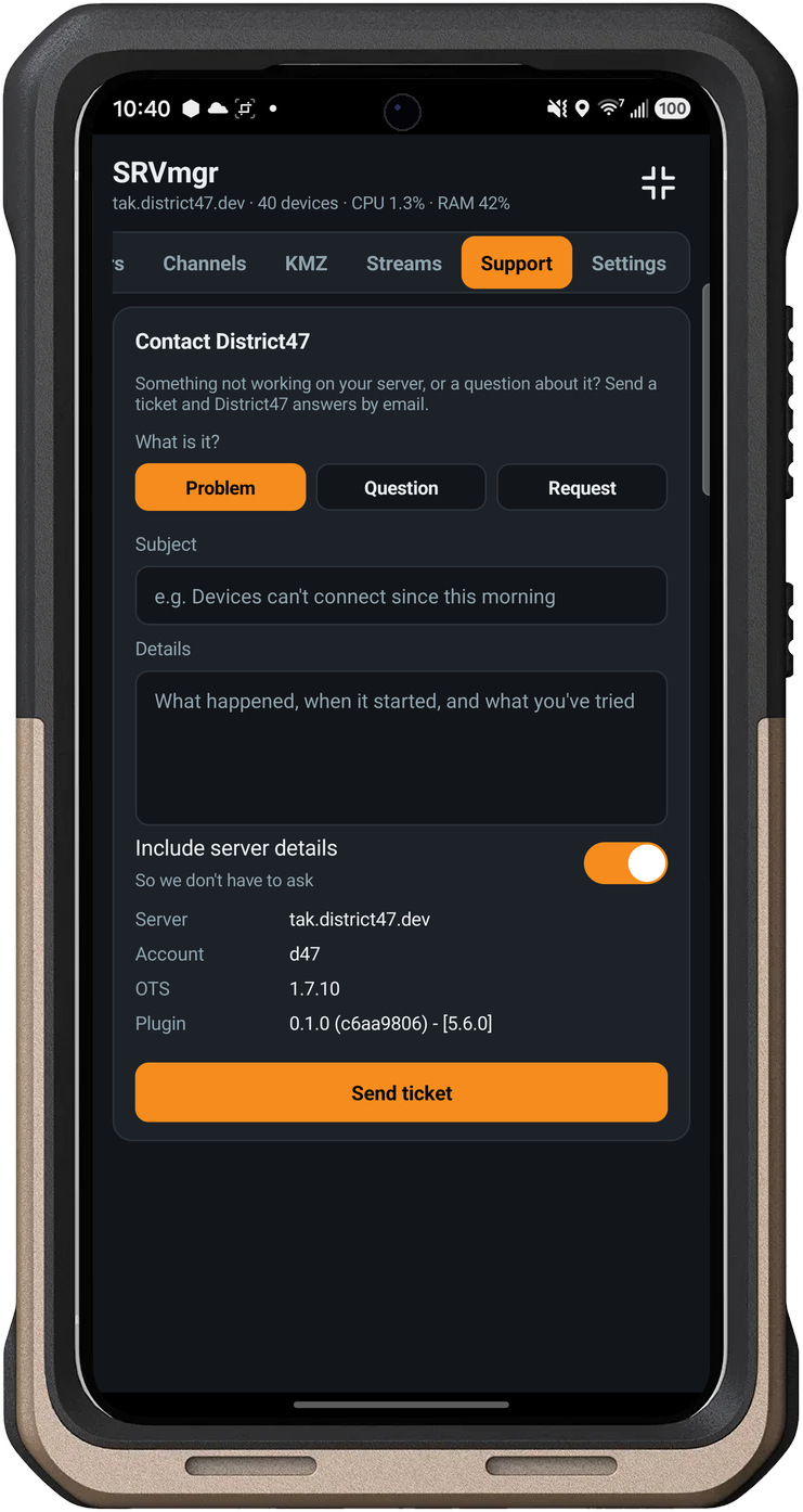 Server Manager plugin: send a support ticket to District47