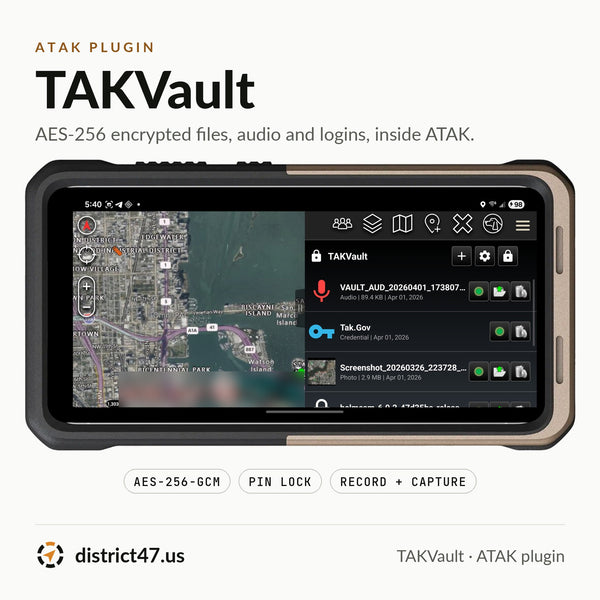 TAKVault ATAK plugin: AES-256 encrypted vault for files, audio and logins, shown on a phone in a MAAK case